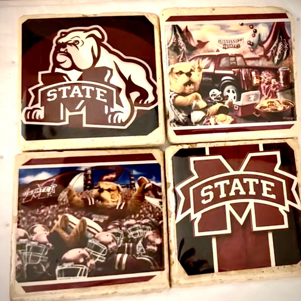 Mississippipi State Bulldogs 4 piece tile coaster set. Water resistant felt back